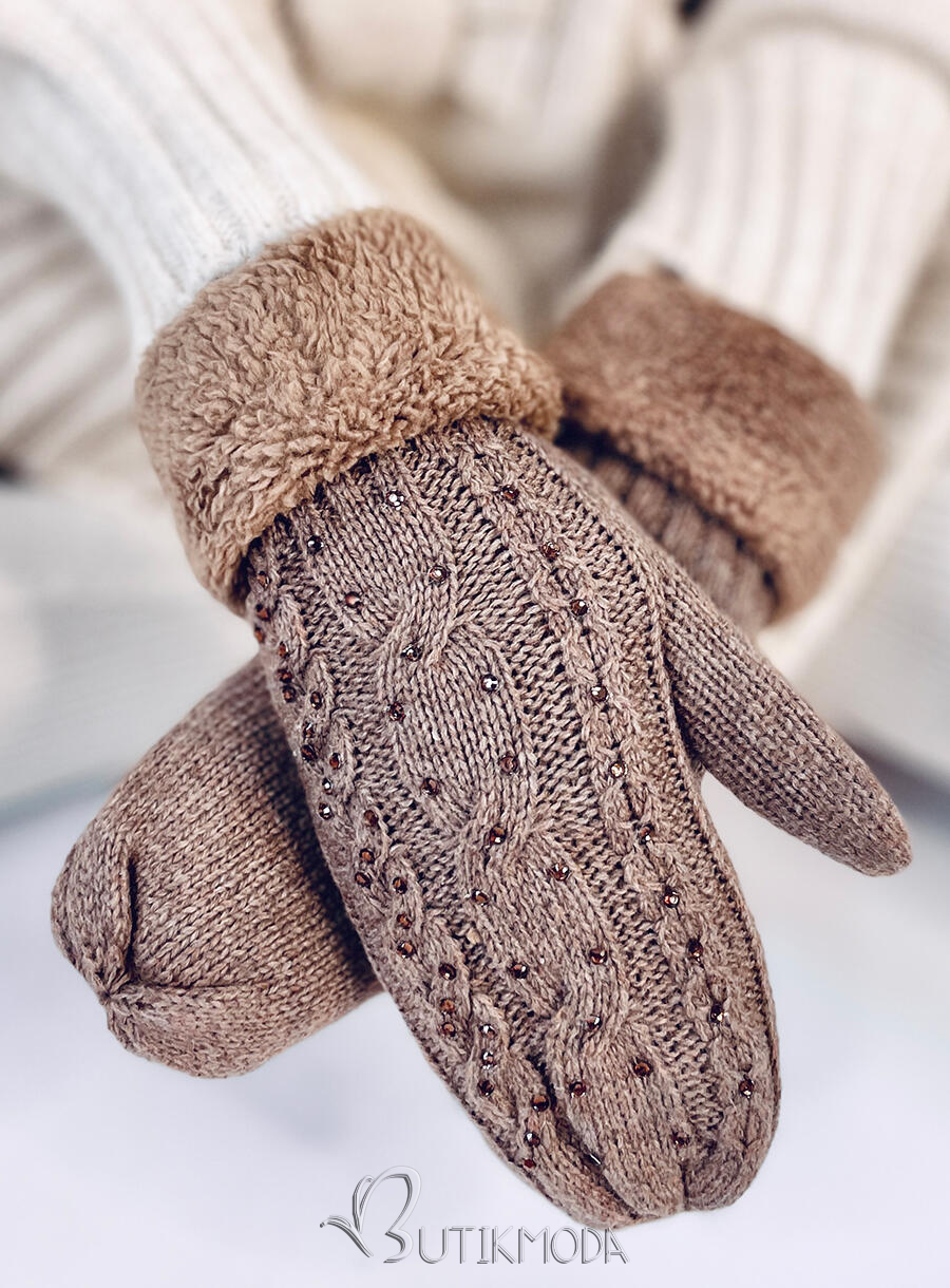 Decorated women's gloves-mittens mocca