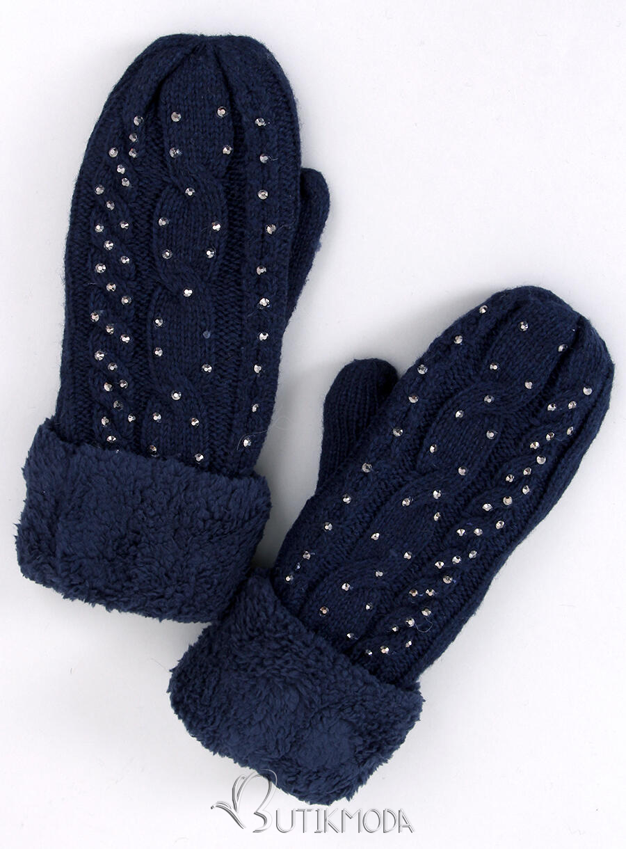 Decorated women's gloves-mittens dark blue