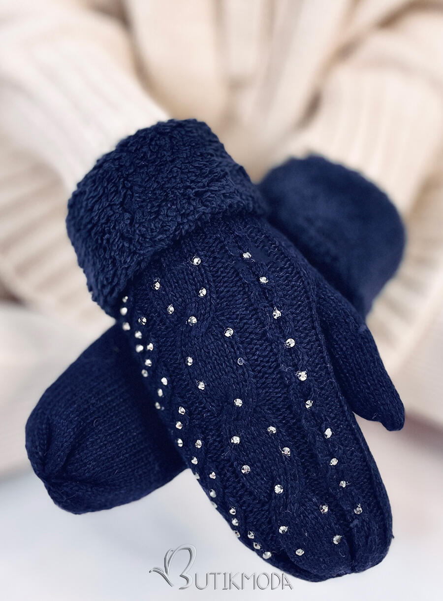 Decorated women's gloves-mittens dark blue