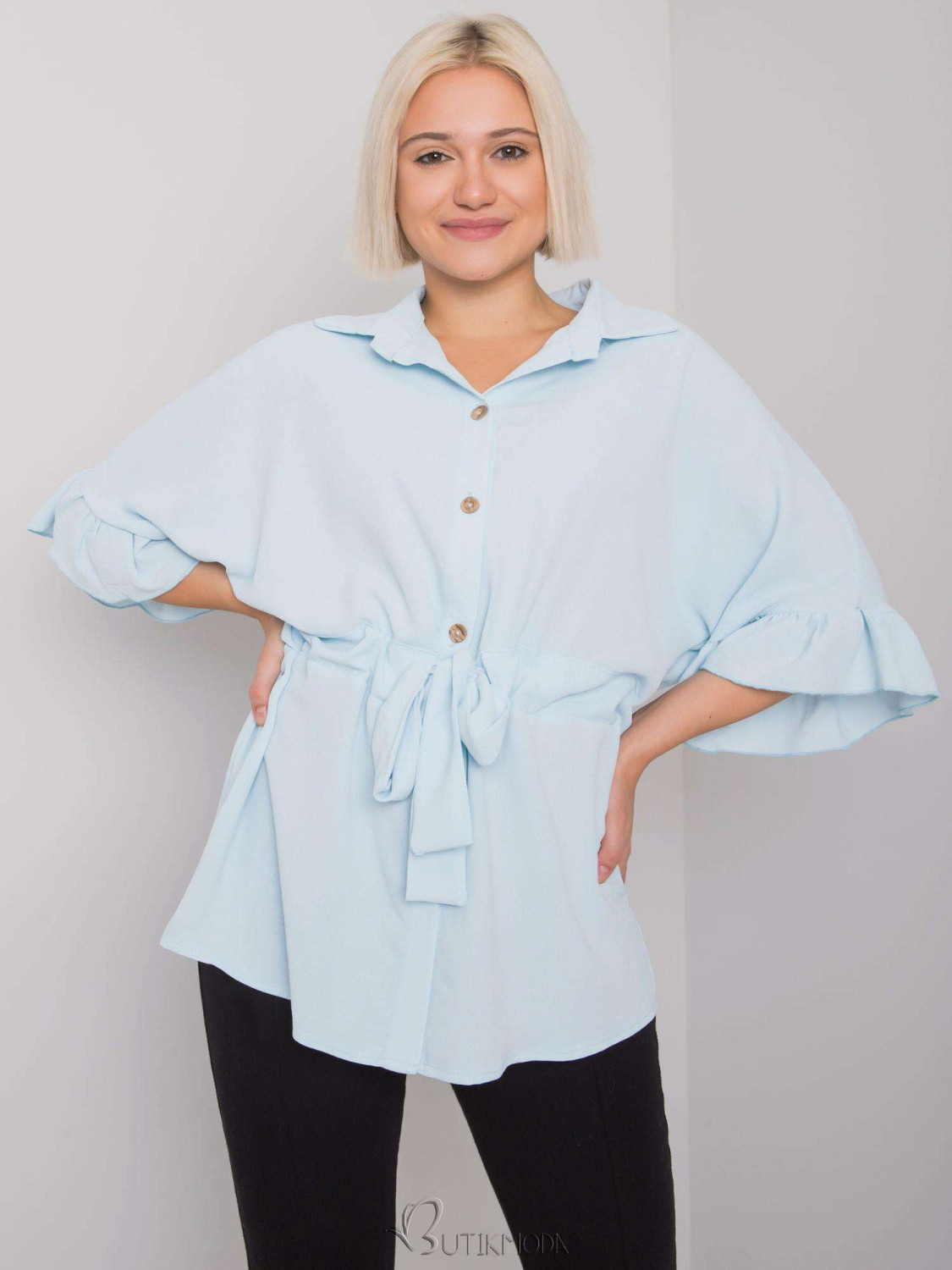 Stylish Blouse with Ruffle in Light Blue