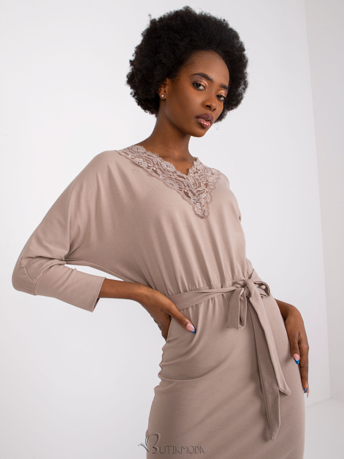 Beige Midi Dress with 3/4 Sleeves