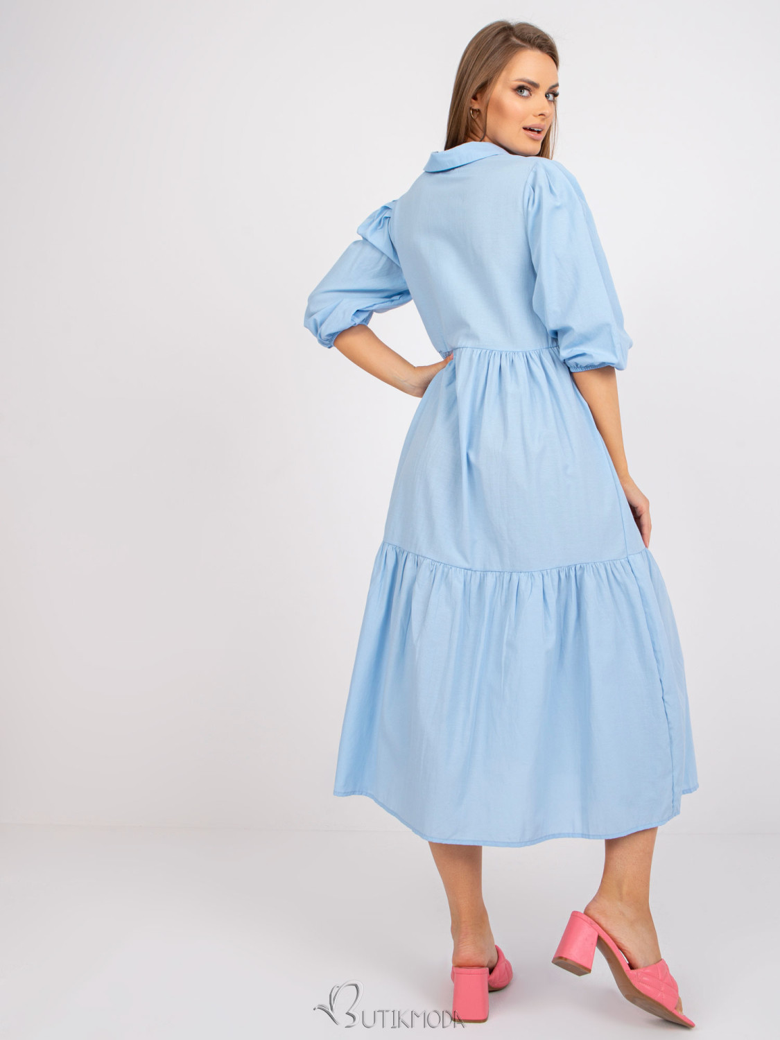 Flared Blue Dress with 3/4 Sleeves