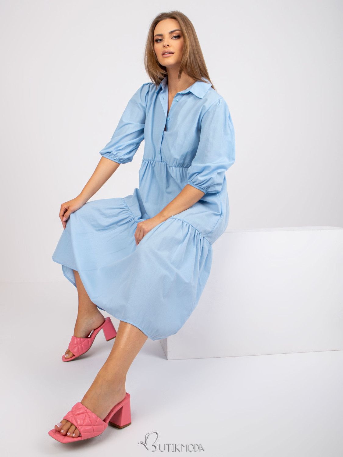 Flared Blue Dress with 3/4 Sleeves