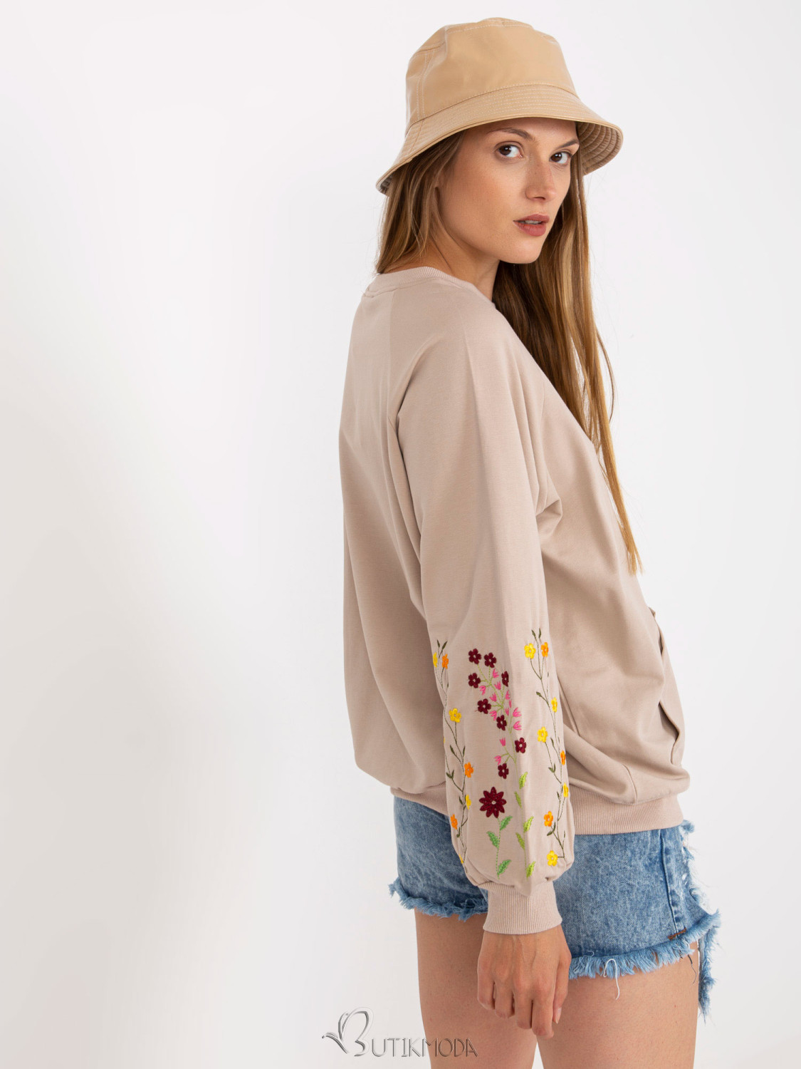 Beige Hoodie Without Hood with Embroidery on Sleeves RUE PARIS