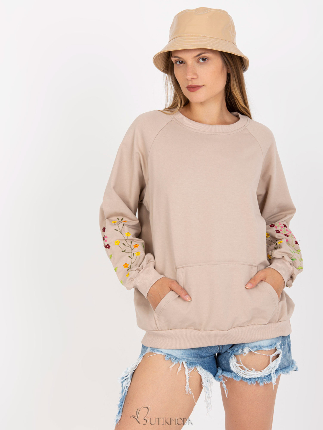 Beige Hoodie Without Hood with Embroidery on Sleeves RUE PARIS