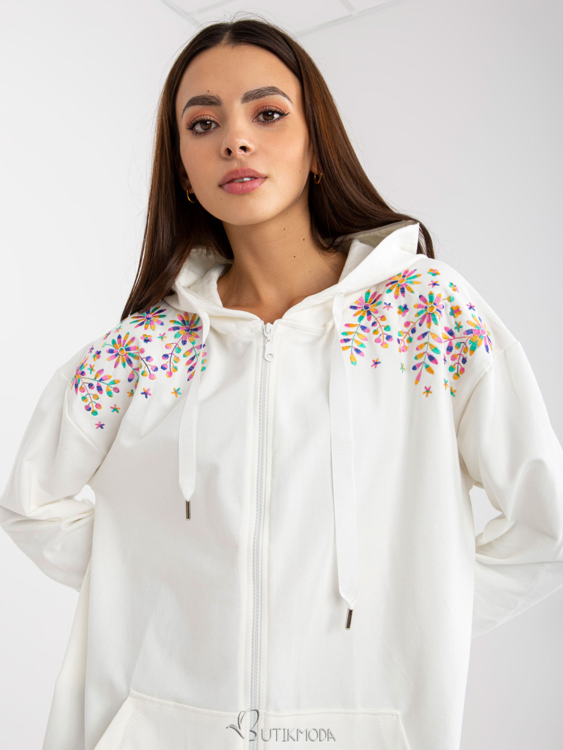 Ecru Long Zip-Up Oversized Hoodie with Embroidery RUE PARIS