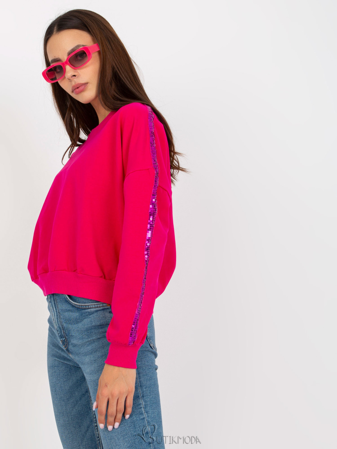 Fuchsia Short Hoodie Without Hood with Sequins RUE PARIS