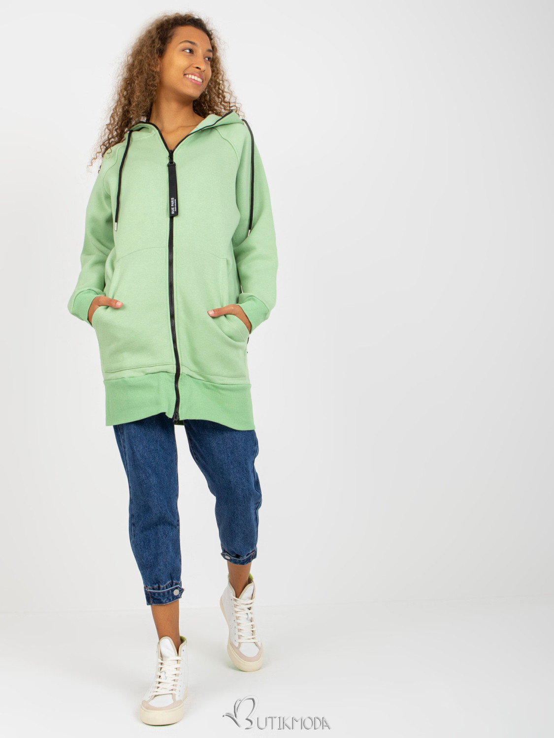 Light Green Long Zip-Up Hoodie with Pockets RUE PARIS