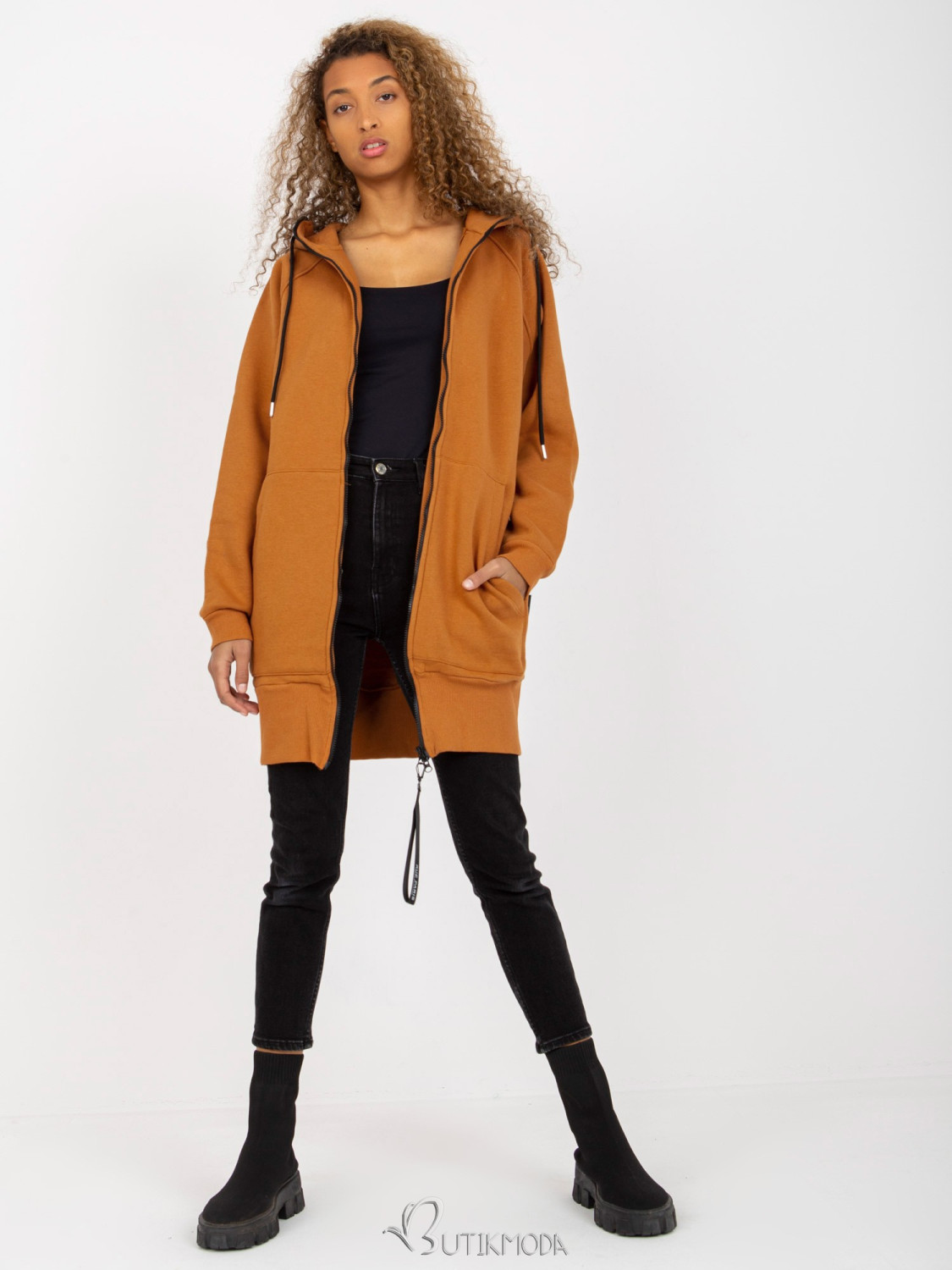 Light Brown Zip-Up Hoodie with Pockets RUE PARIS