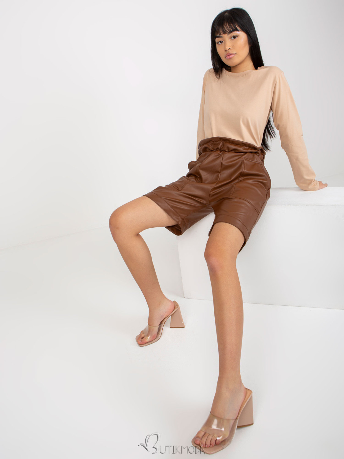 Brown Insulated Faux Leather Shorts