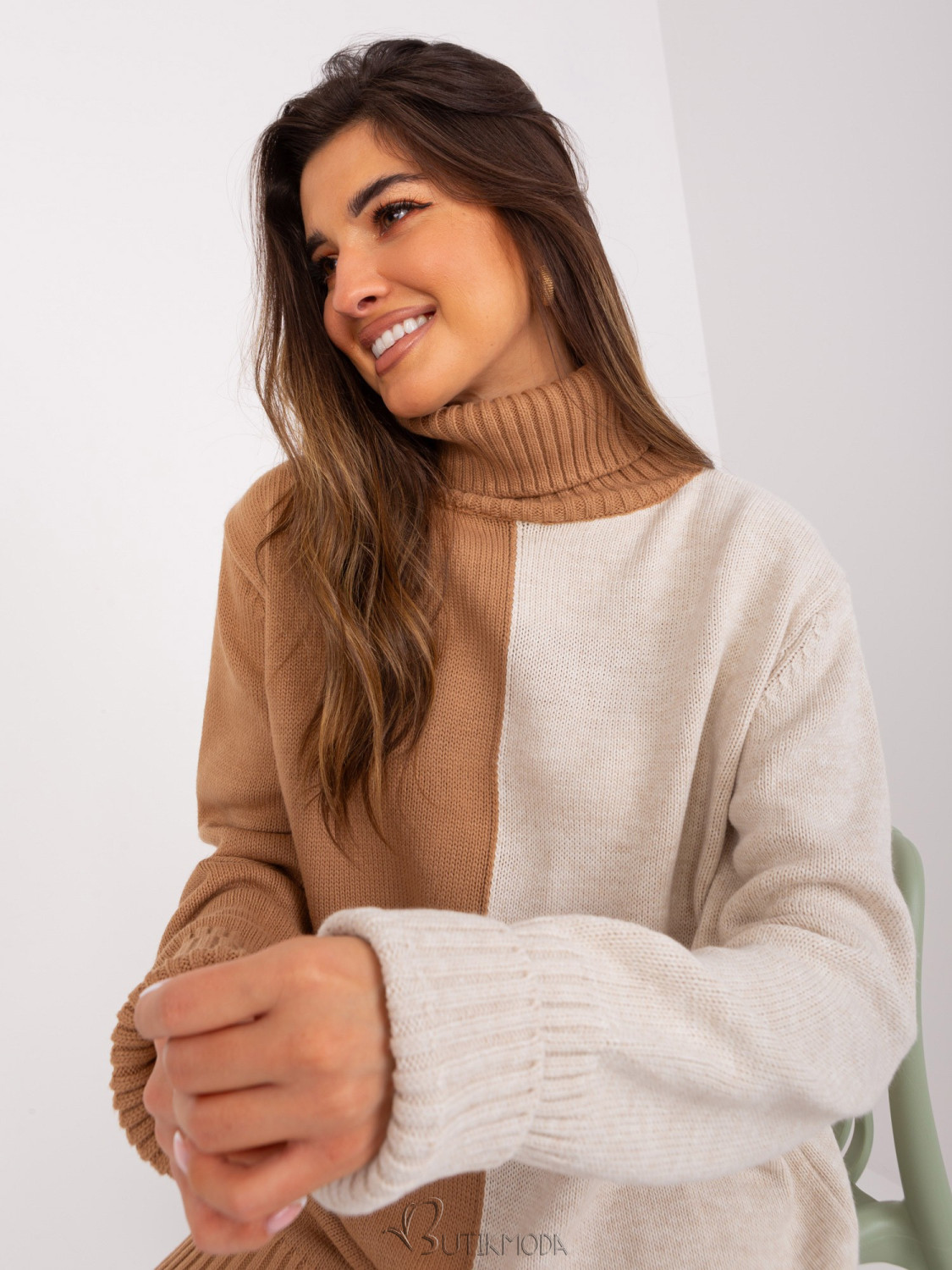 Camel and Beige Two-Tone Sweater with Turtleneck