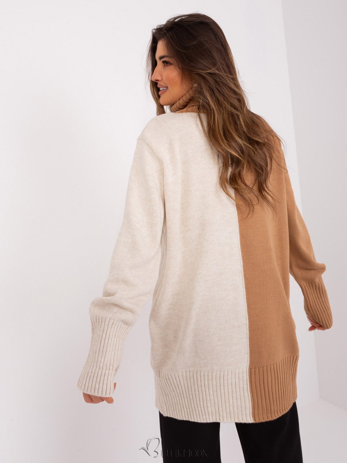 Camel and Beige Two-Tone Sweater with Turtleneck