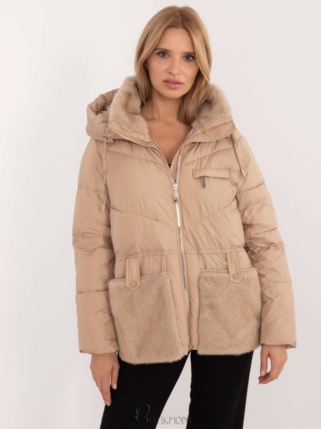 Stylish Winter Jacket with Hood in Camel Color