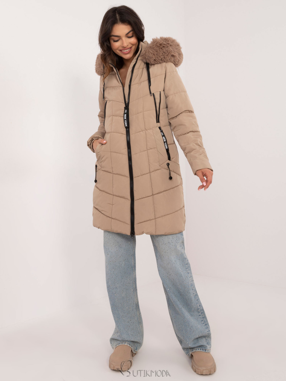 Beige Winter Jacket with Detachable Hood