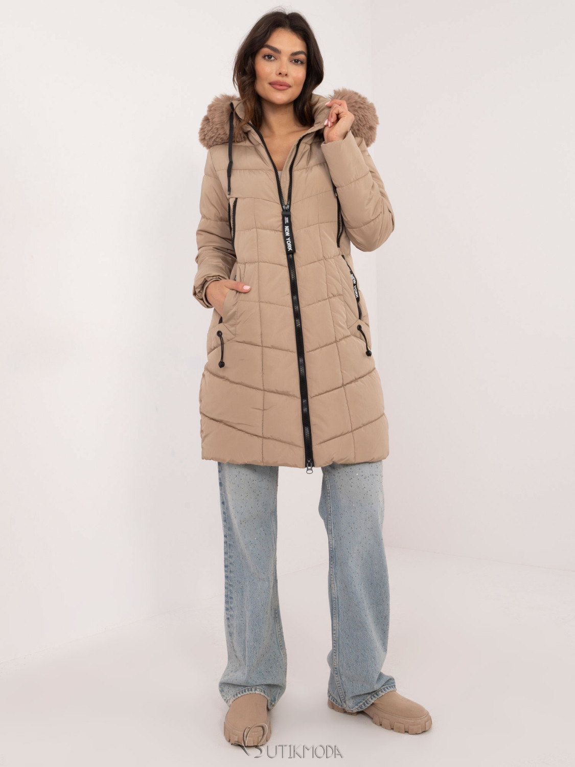 Beige Winter Jacket with Detachable Hood