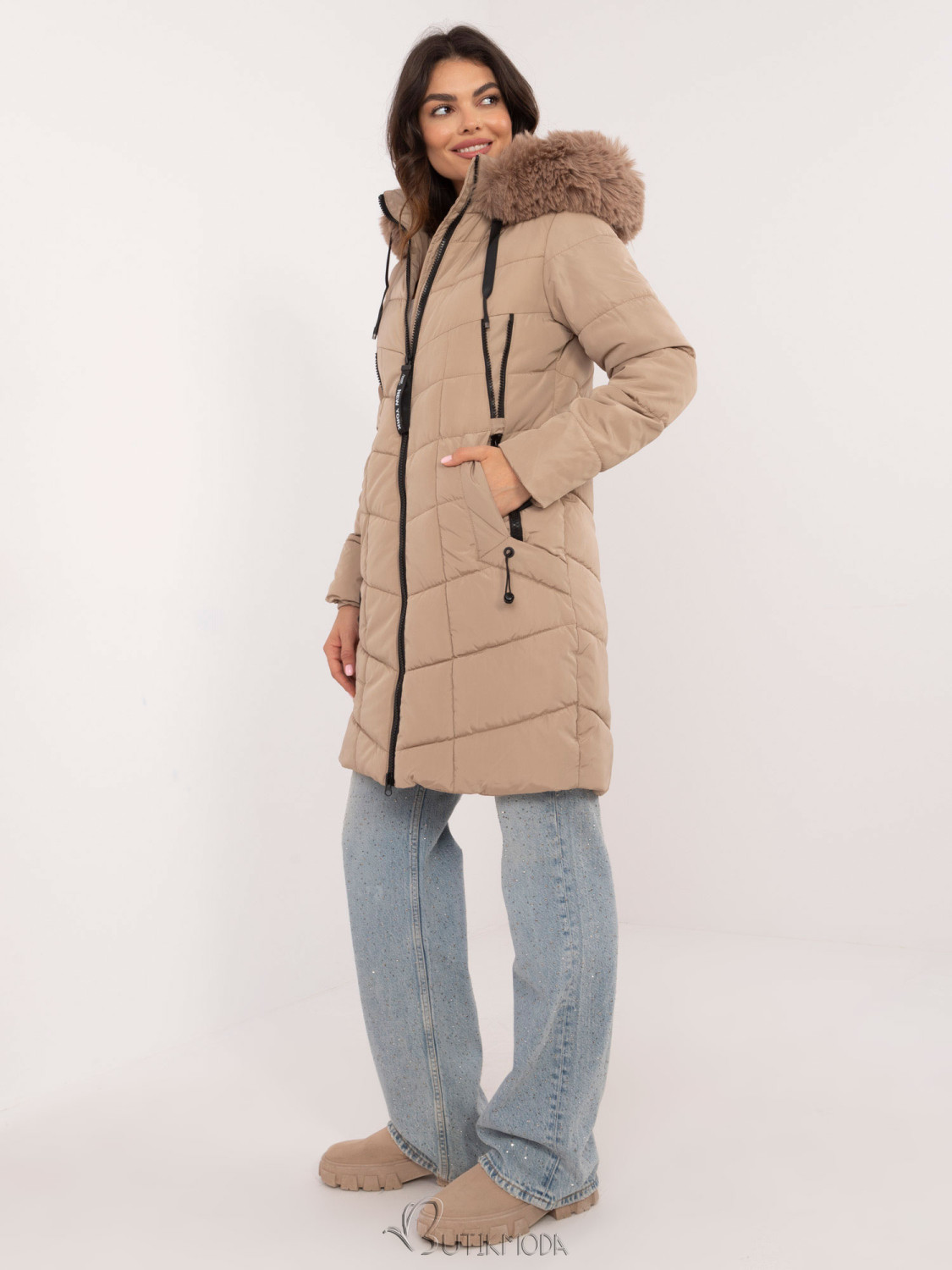 Beige Winter Jacket with Detachable Hood