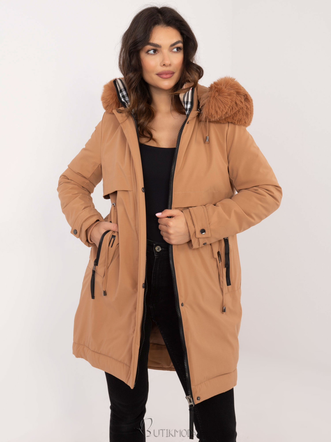 Comfortable Winter Jacket with Hood in Camel Color