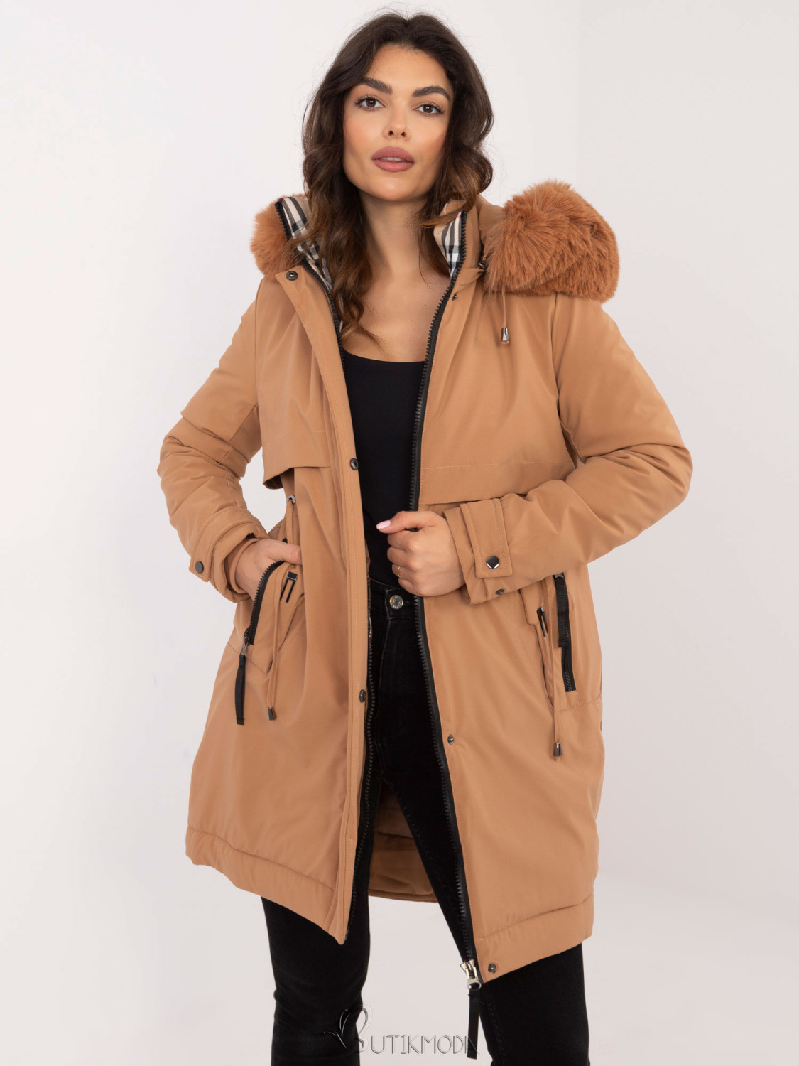 Comfortable Winter Jacket with Hood in Camel Color