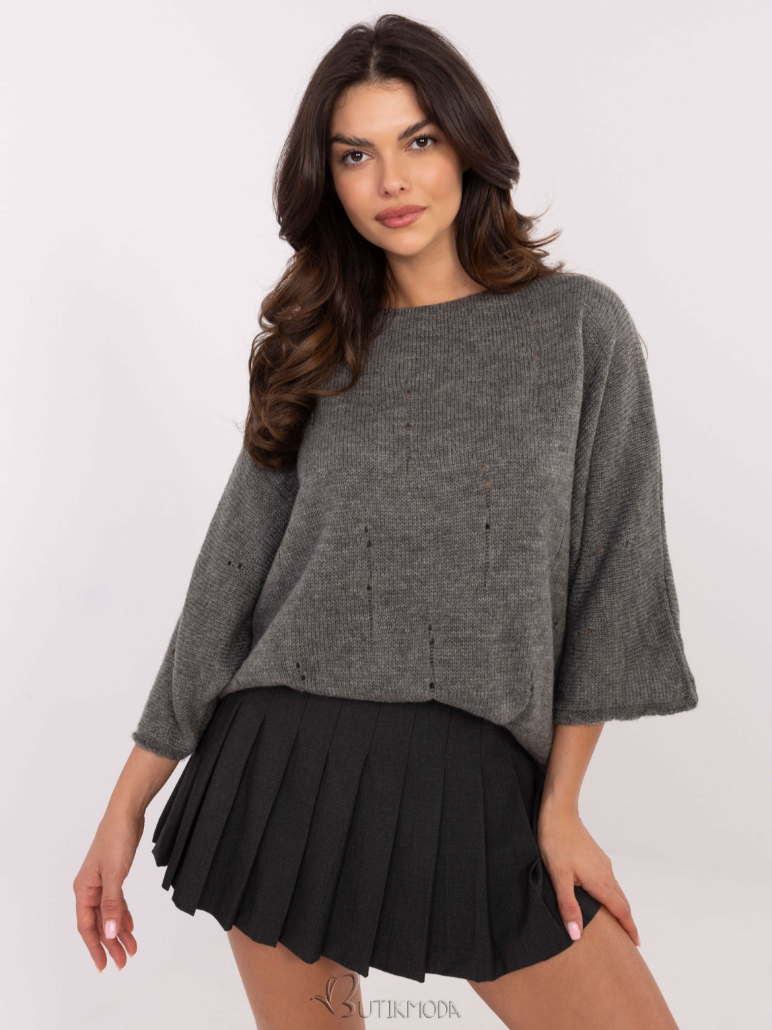 Stylish Gray Sweater with 3/4 Sleeves