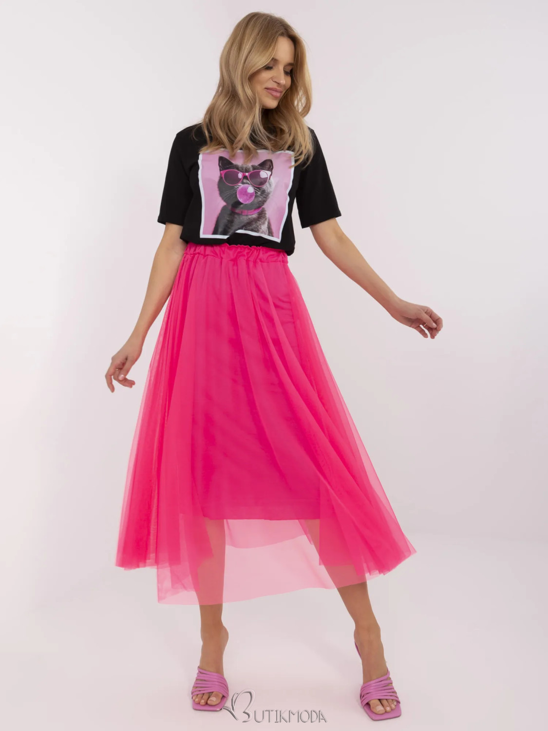 Fluorescent Pink Midi Tulle Skirt