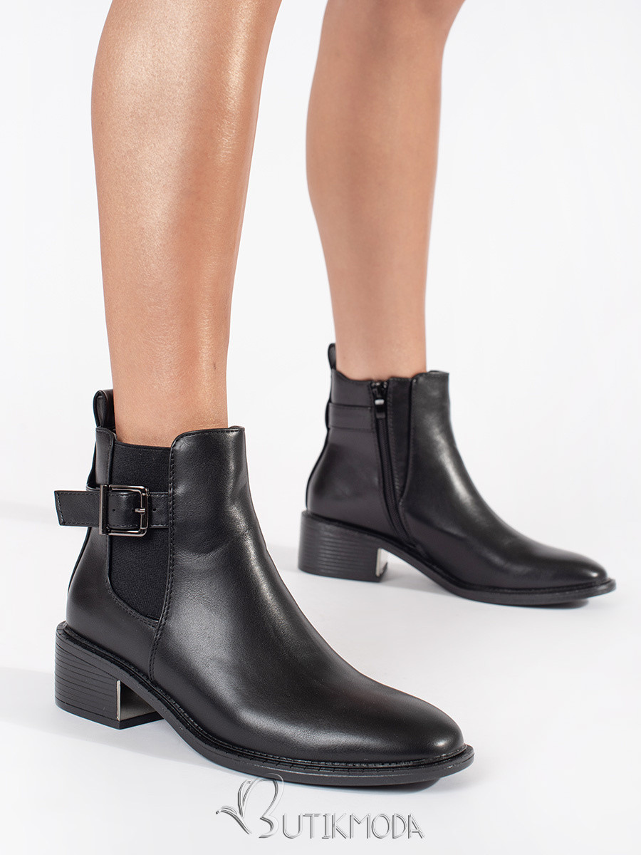 Black Women's Ankle Boots with Buckle and Heel