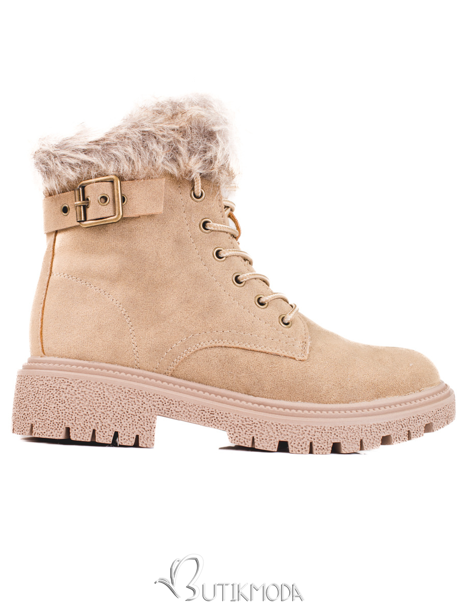 Beige lace-up boots with fur