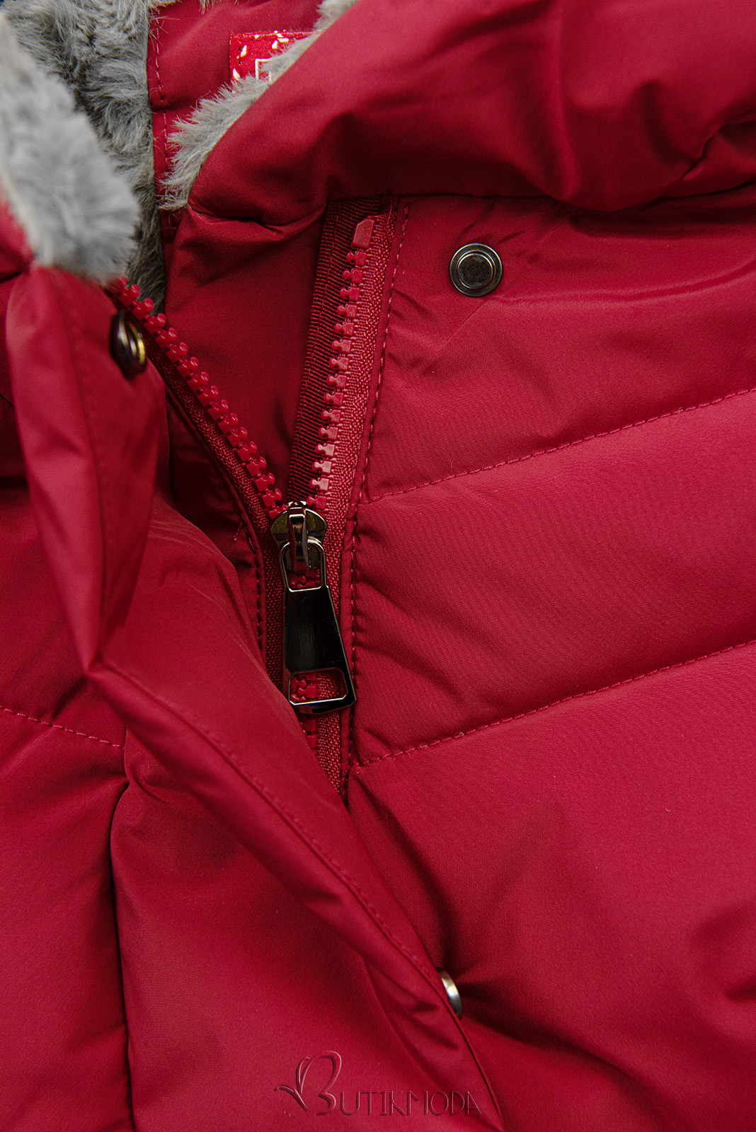Red quilted winter jacket with plush
