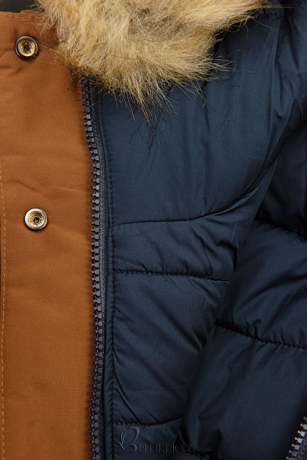 Reversible winter jacket with brown/blue faux fur