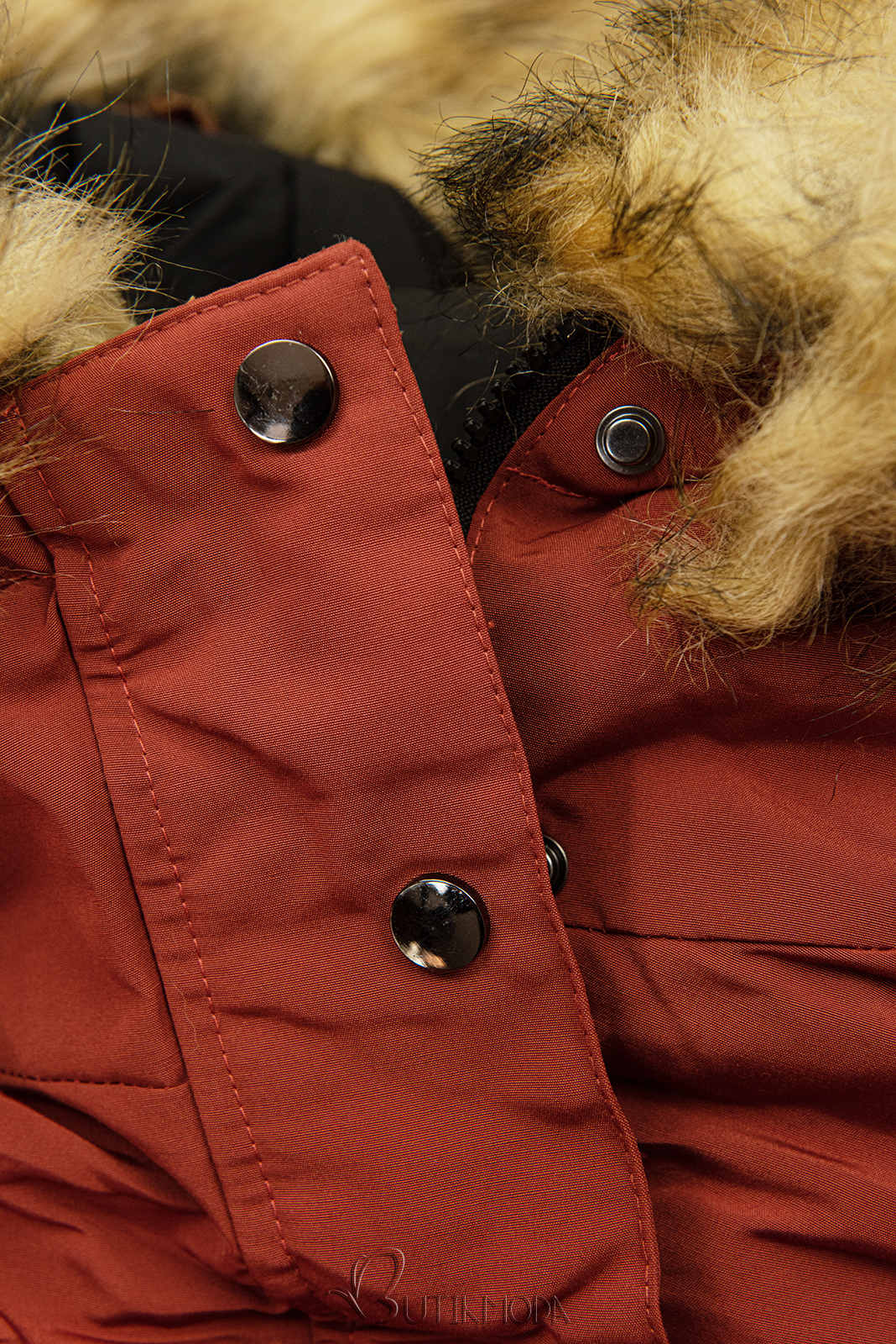Reversible winter jacket with rust red/black faux fur