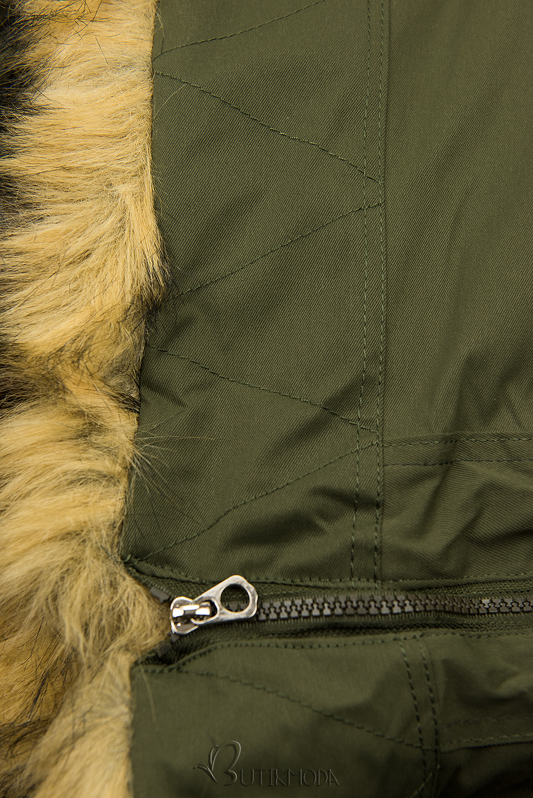 Olive green winter parka with high collar