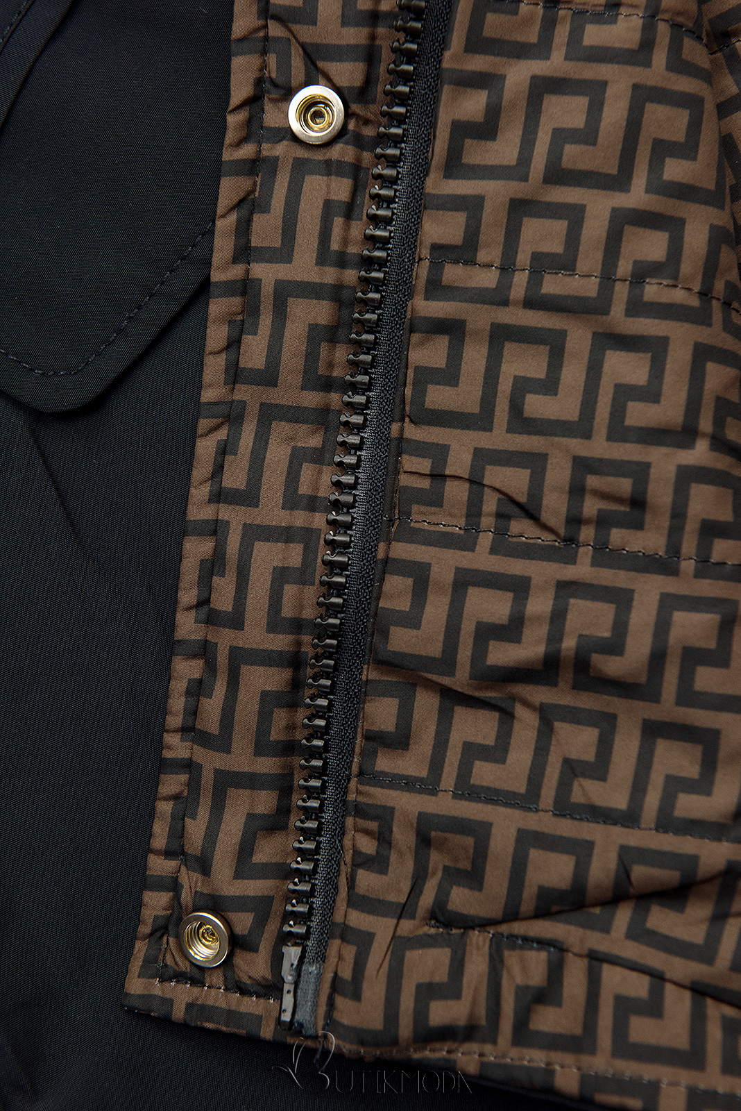 Reversible mid-season parka with pattern navy/brown