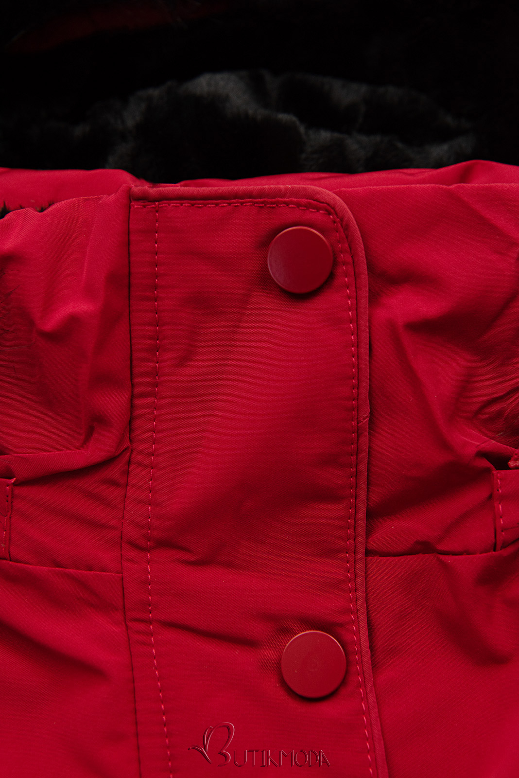 Red parka for winter with black faux fur lining
