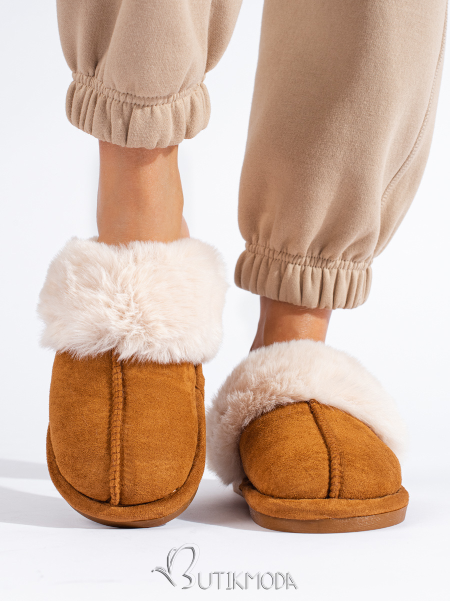 Brown Women's slippers with faux fur