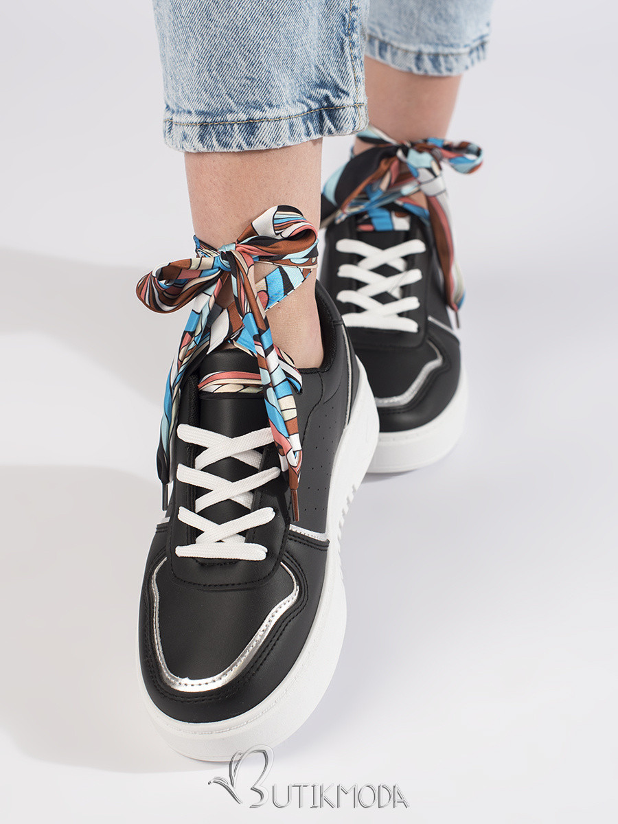 Black Women's Sneakers with Ribbon Lacing