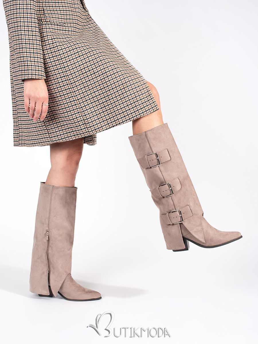 Beige Suede Knee-High Block Heel Boots with Buckles