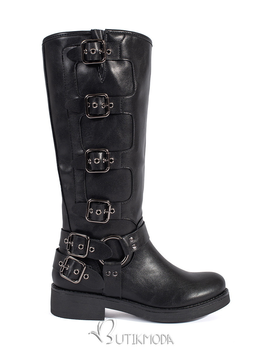 Black Knee-High Boots with Low Heel and Buckles