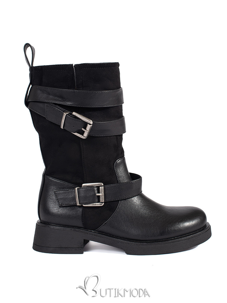 Black Women's Ankle Boots with Low Heel and Buckles