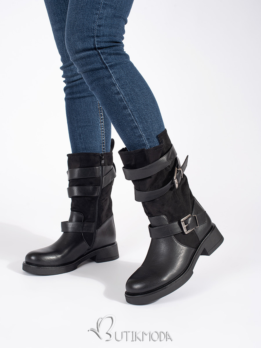 Black Women's Ankle Boots with Low Heel and Buckles