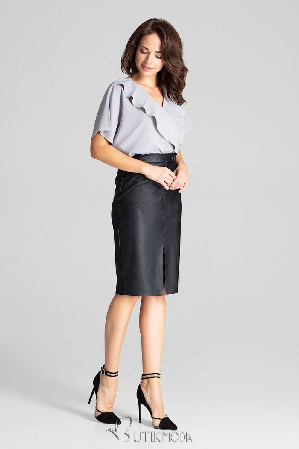 Black Midi Skirt in Eco Leather