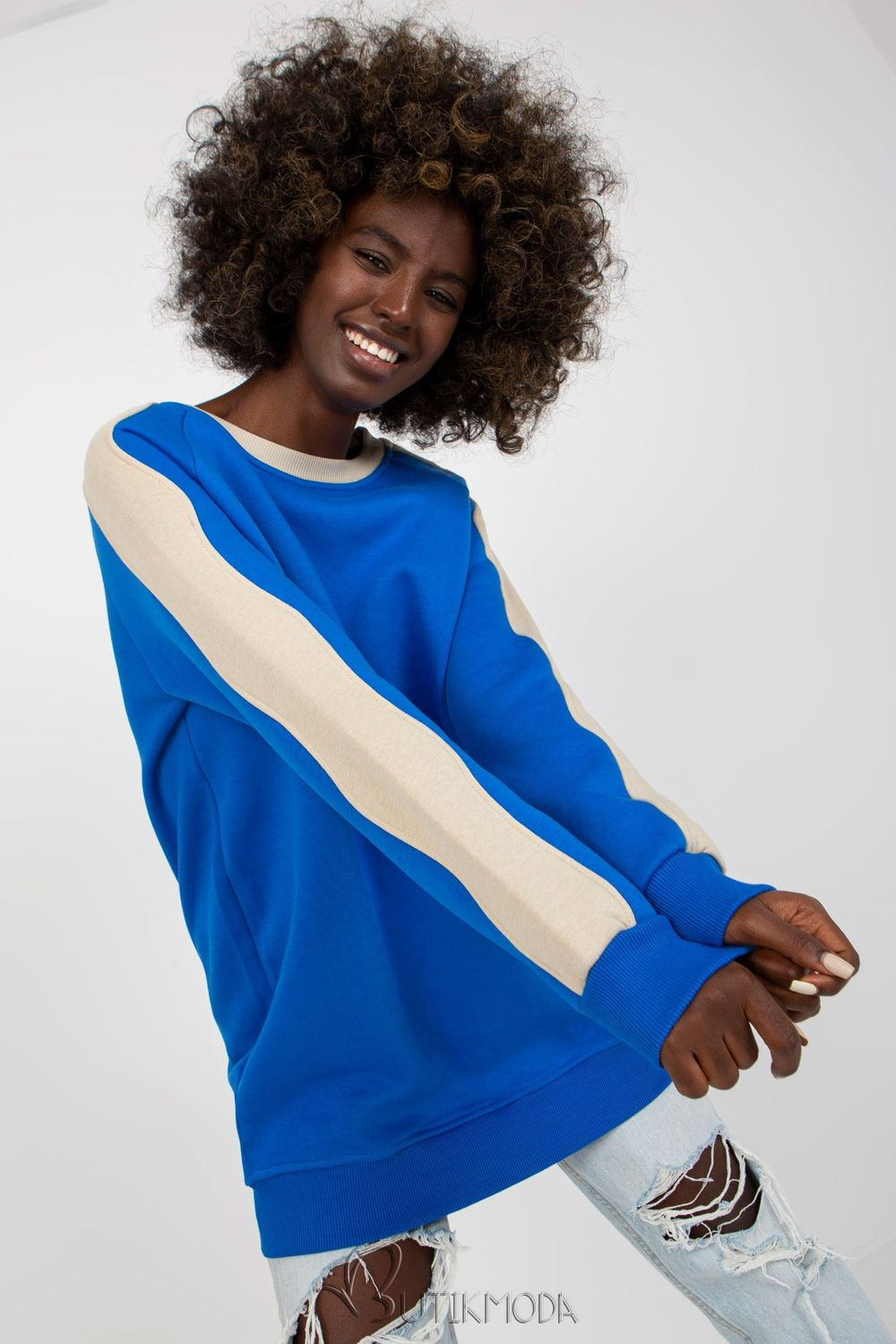 Women's Dark Blue Sweatshirt with Contrast Sleeves