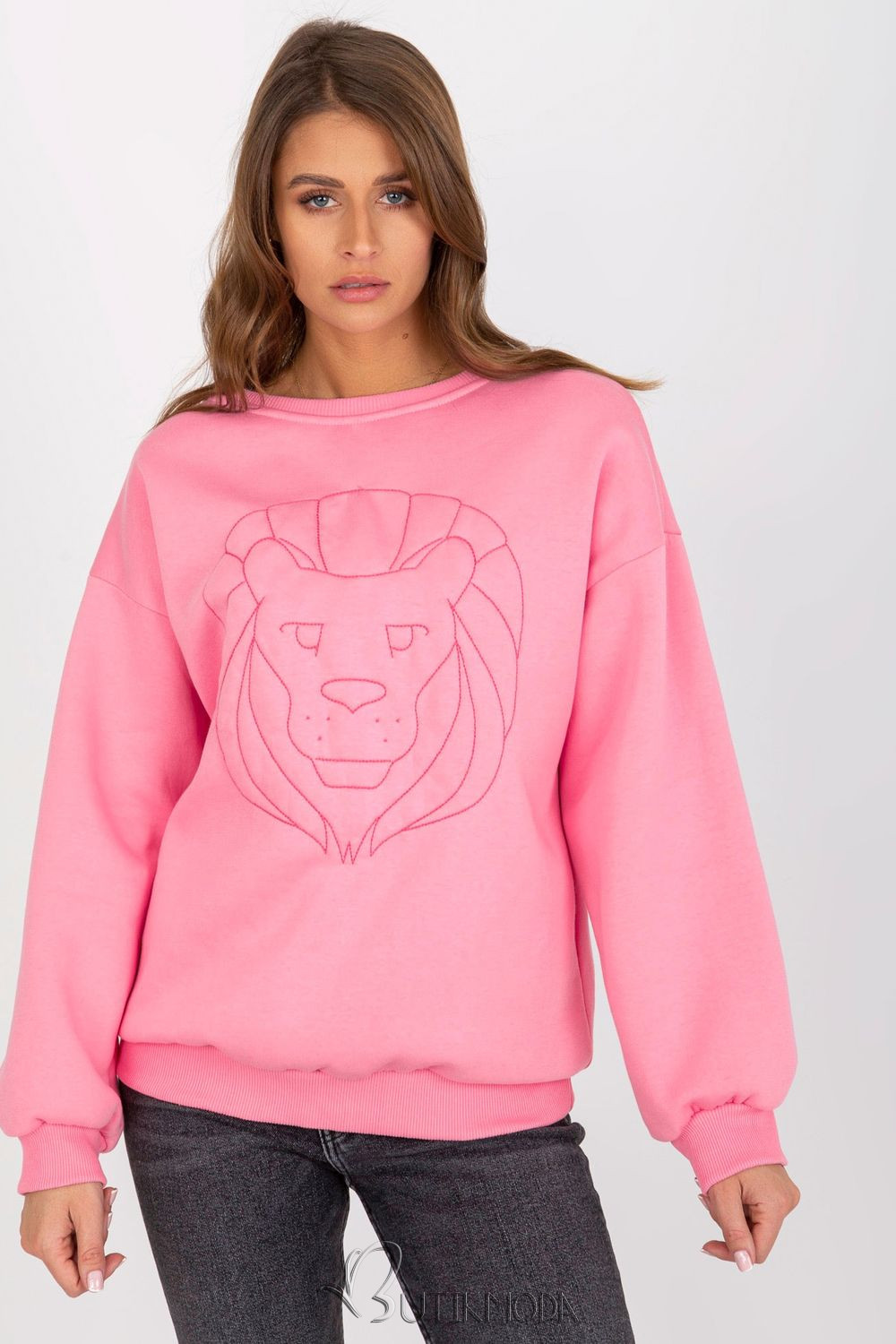 Pink Sweatshirt with Lion Embroidery