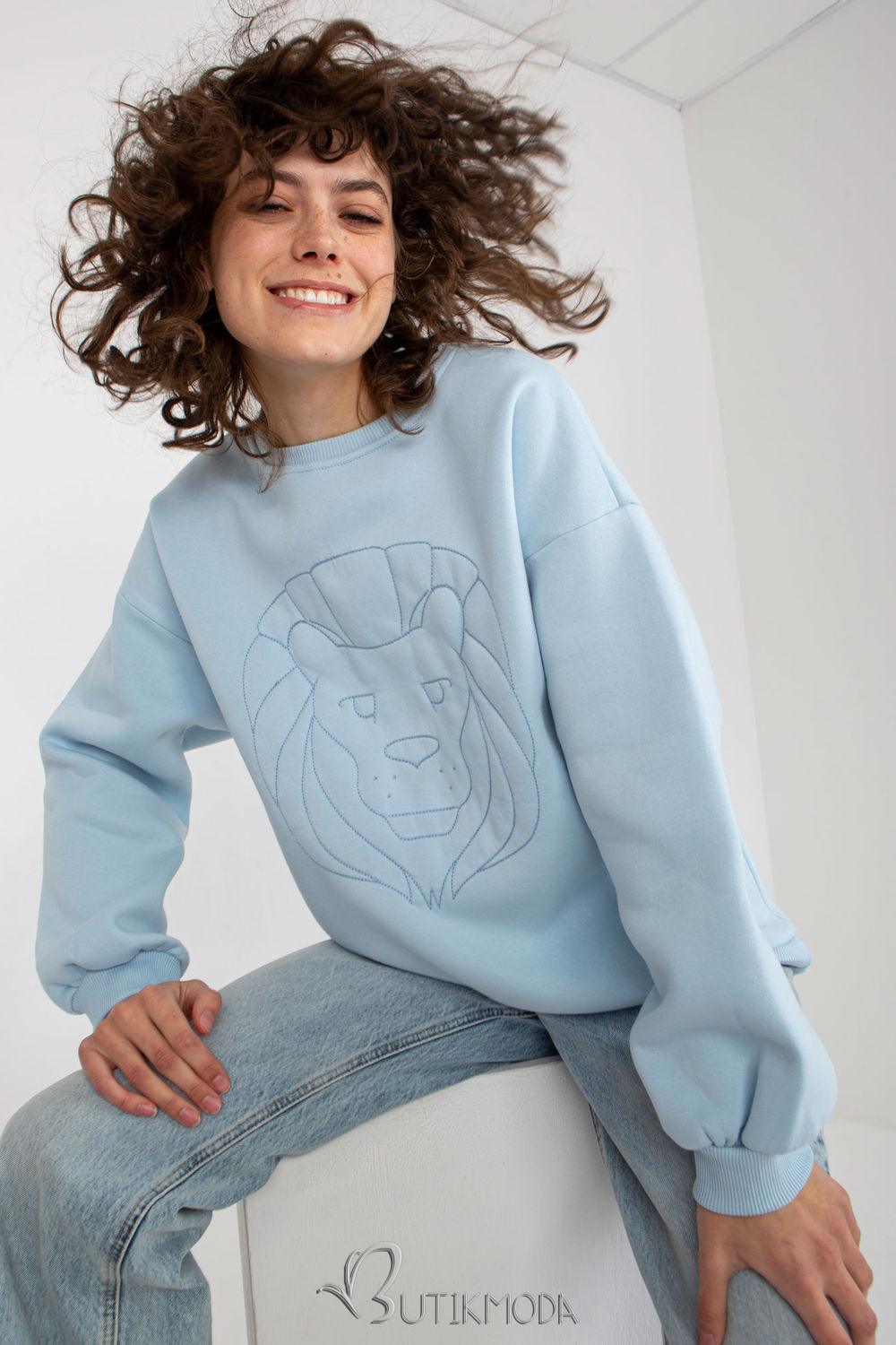 Soft Blue Sweatshirt with Lion Embroidery