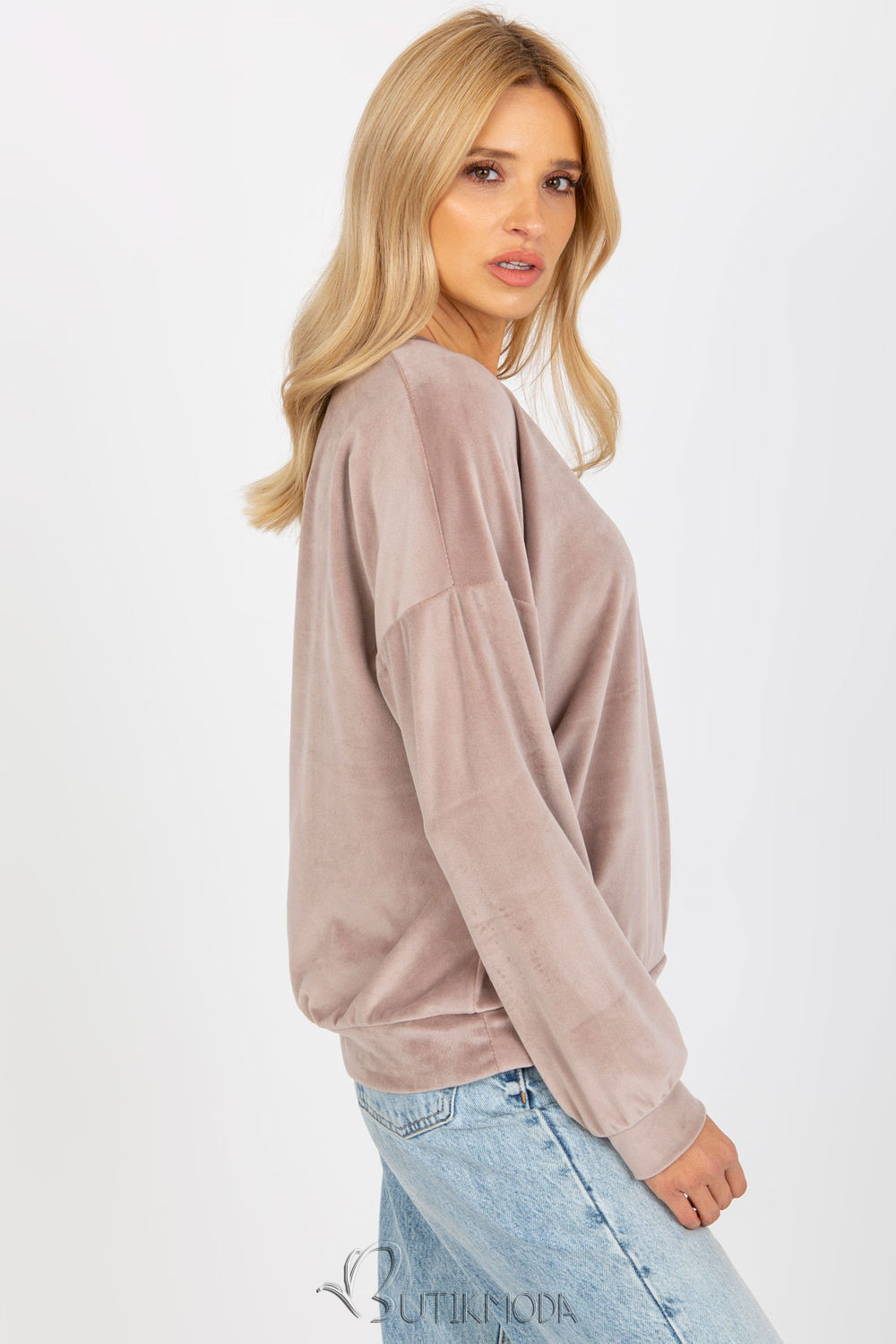 Beige Velour Sweatshirt with V-Neck