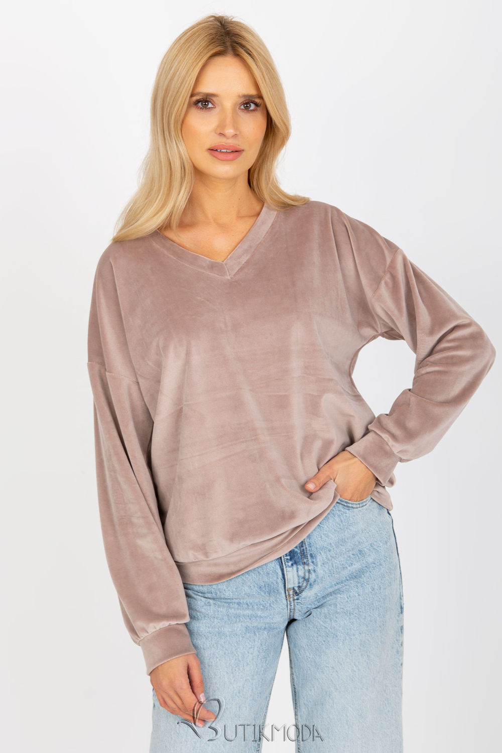 Beige Velour Sweatshirt with V-Neck