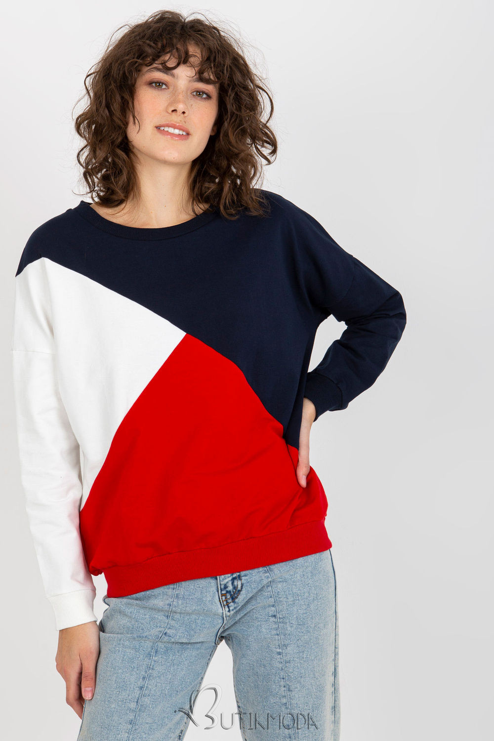 Trendy Women's Sweatshirt with Long Sleeves in Navy Blue and Red