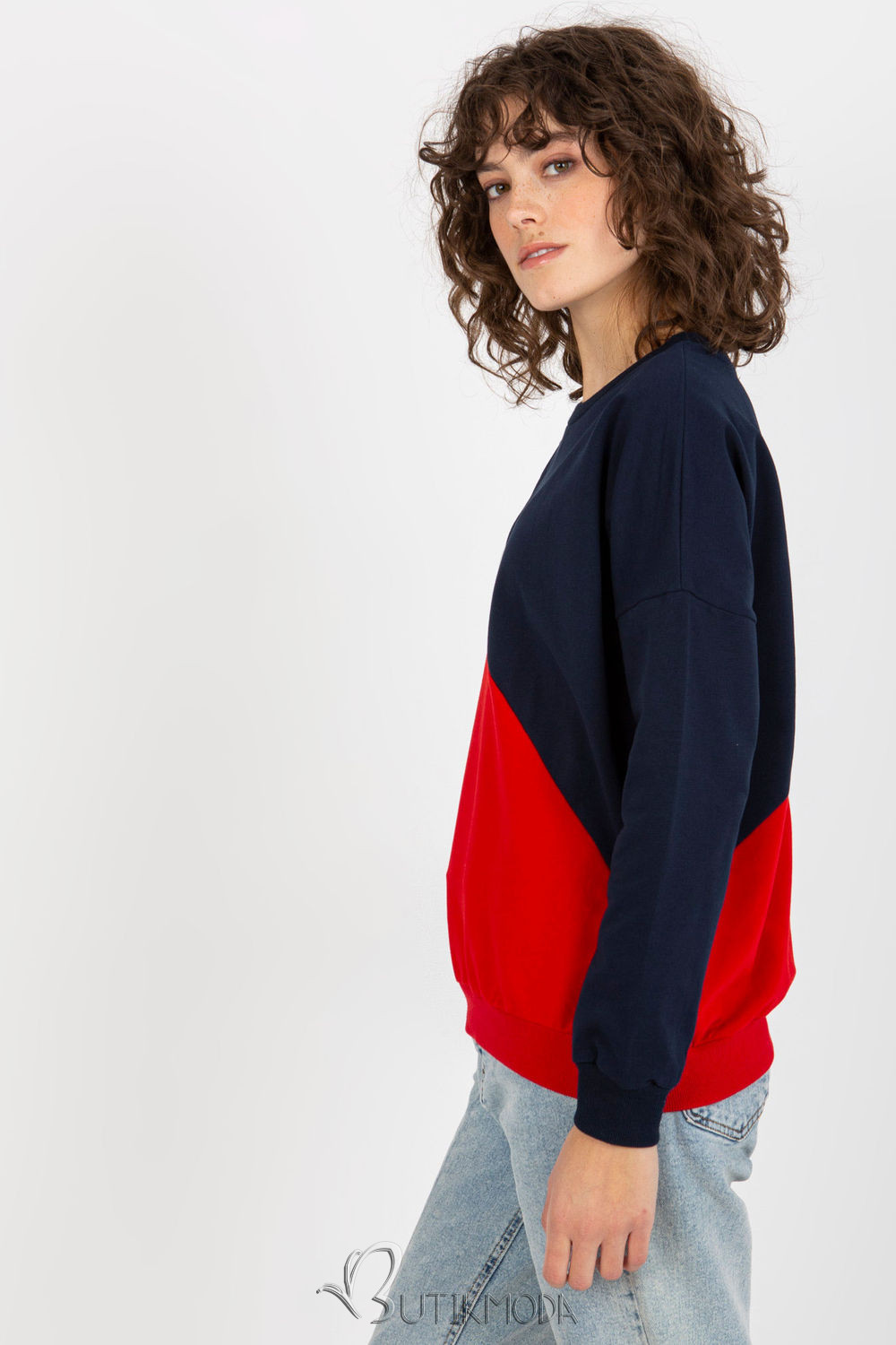 Trendy Women's Sweatshirt with Long Sleeves in Navy Blue and Red