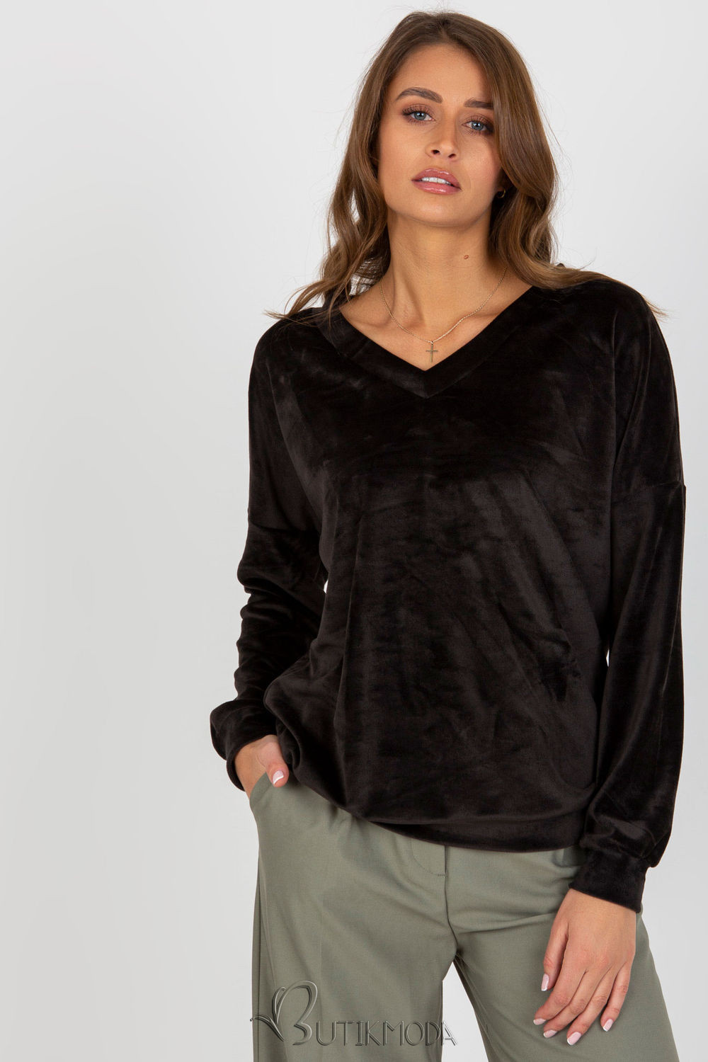 Elegant Black Velour Pullover with V-Neck