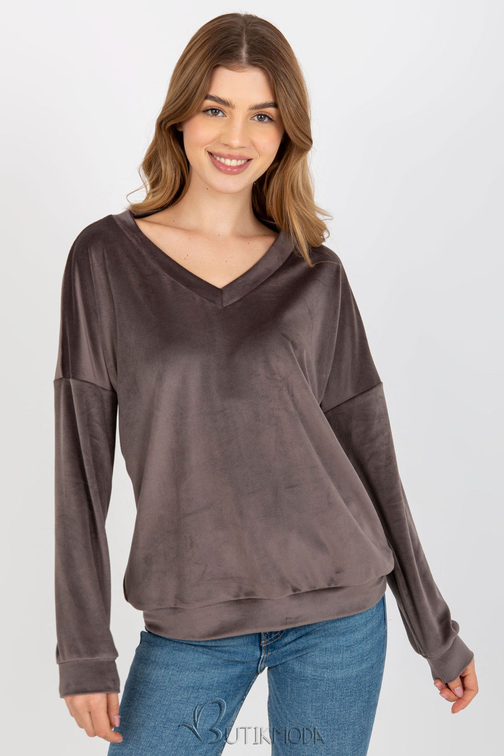 Women's Velour Sweatshirt with V-Neck in Dark Grey