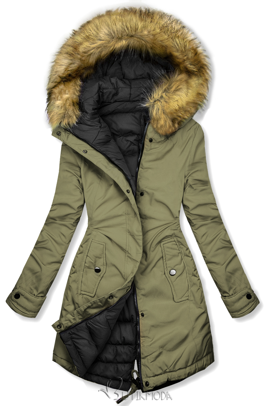 Reversible winter jacket with olive/black faux fur