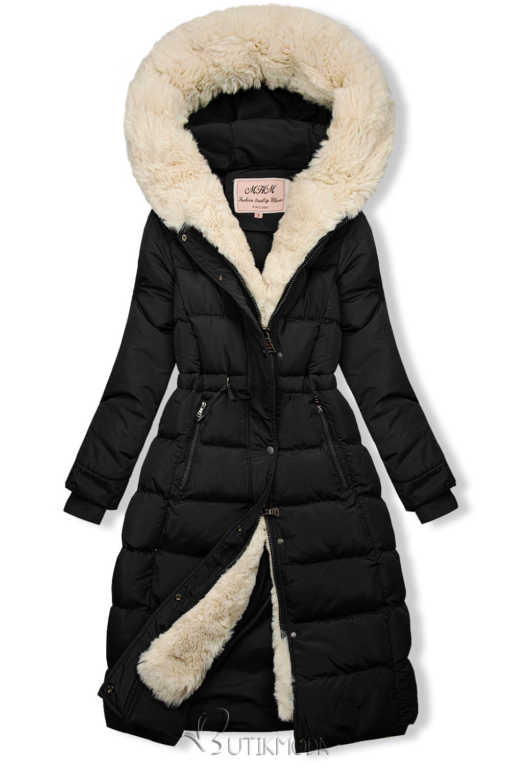 Black/cream quilted winter jacket with the pulling at the waist